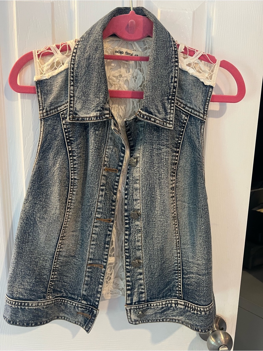 Indigo Thread Co. Women's Washed Denim Vest with Lace Back - Blue